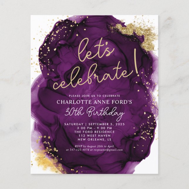 Carte d'anniversaire à l'encre d'alcool violet dor (Devant)