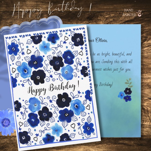 Carte d'anniversaire à motif floral bleu (Blue Floral Pattern Happy Birthday Card)