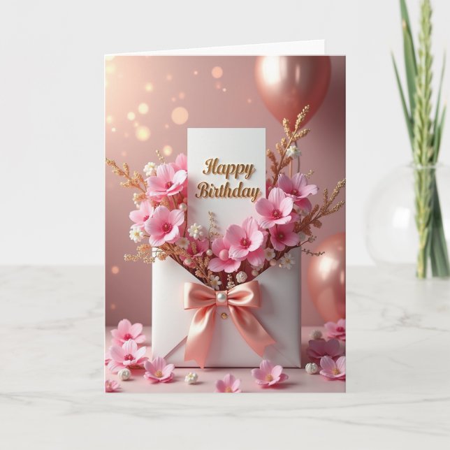 Carte d'anniversaire à ruban rose pêche (Devant)