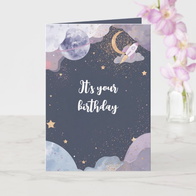 Carte d'anniversaire à thème spatial personnalisée (Orchidée)