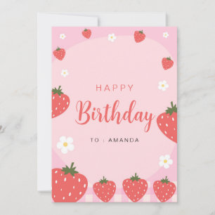 Carte d'anniversaire adorable aux fraises roses