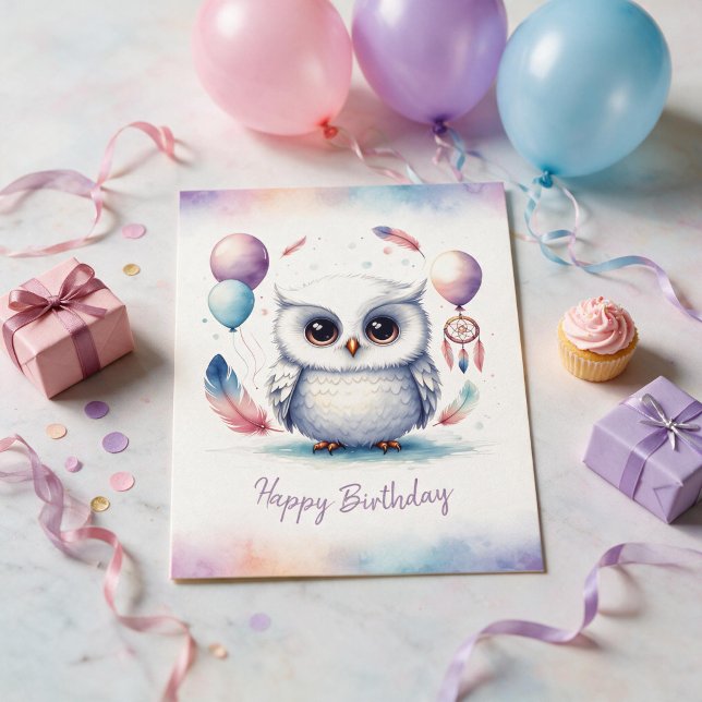 Carte d'anniversaire adorable de hibou des neiges  (Adorable Watercolor Snowy Owl Balloons and Catch Dream - Happy Birthday Card)