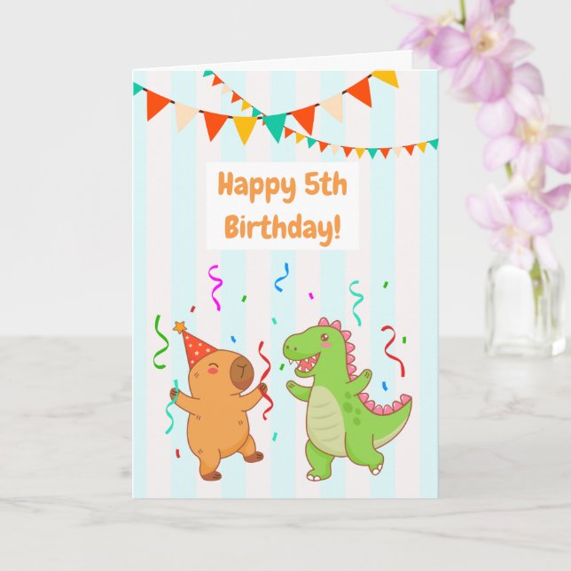 Carte d'anniversaire adorable T-Rex Capybara 5 ans (Orchidée)