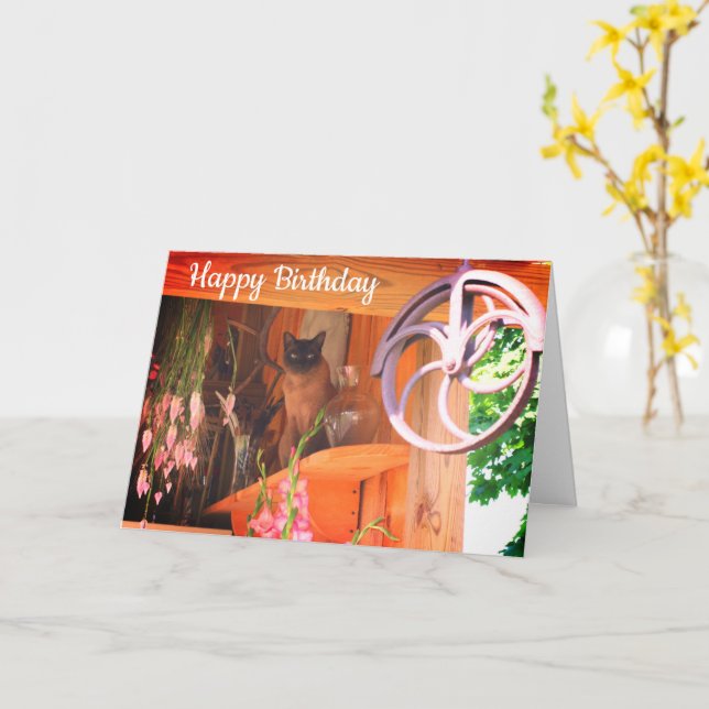 Carte d'anniversaire animal chat 2 de Siamese (Fleur jaune)