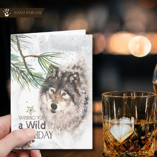 Carte d'anniversaire aquarelle de loup peinte à la