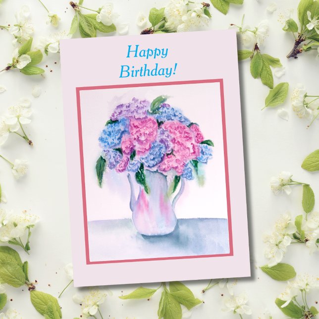 Carte d'anniversaire aquarelle Hydrangea (A fan of watercolor and hydrangeas this card will be the perfect way to say, Happy birthday!)