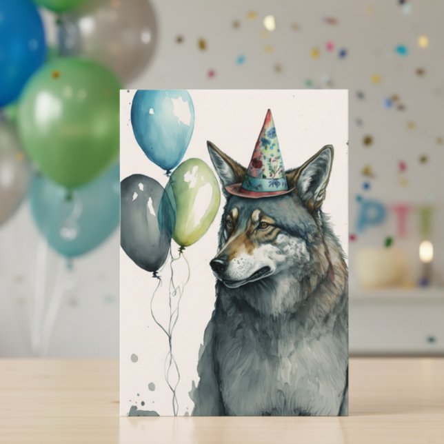 Carte d'anniversaire Aquarelle Loup avec Ballons (Créateur téléchargé)