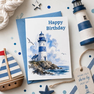 Carte d'anniversaire aquarelle nautique du phare