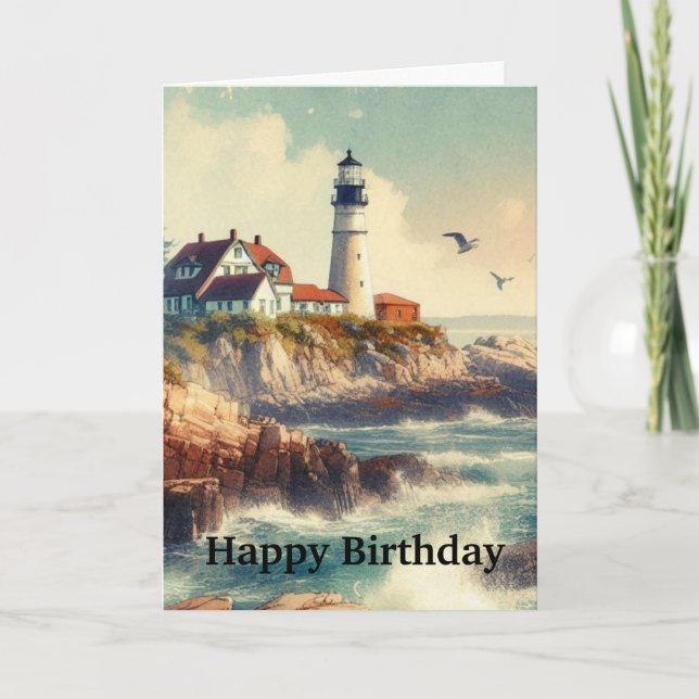 Carte d'anniversaire aquarelle vintage phare  (Devant)