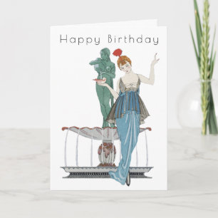 Carte d'anniversaire Art Déco avec femme rétro prè