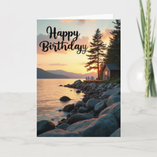 Carte d'anniversaire au bord du lac au coucher du