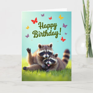Carte d'anniversaire au Raton laveur qui agite la 