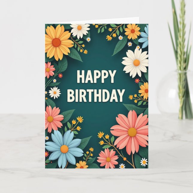 Carte d'anniversaire aux fleurs de teal (Devant)