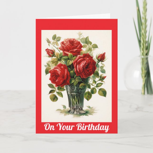 Carte d'anniversaire aux roses rouges vintage (Devant)