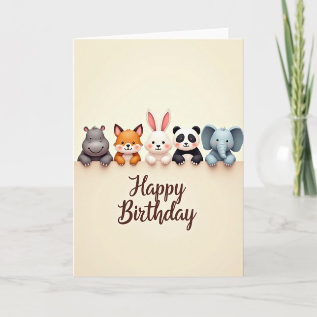 Carte d'anniversaire avec animaux mignons qui rega (Devant)