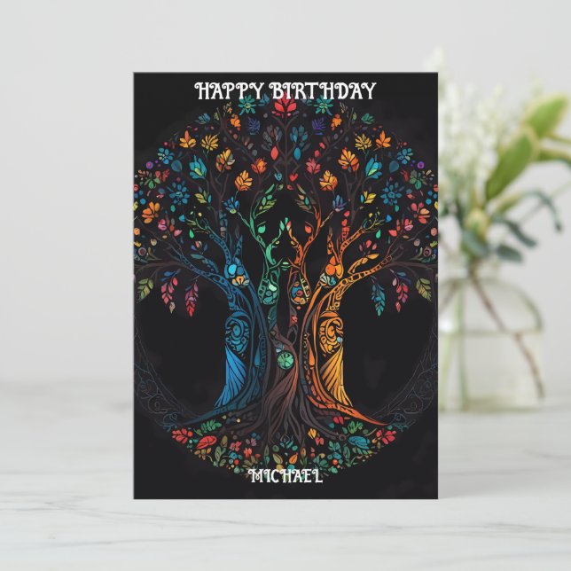 Carte d'anniversaire avec arbre en couleur Invitat (Debout devant)