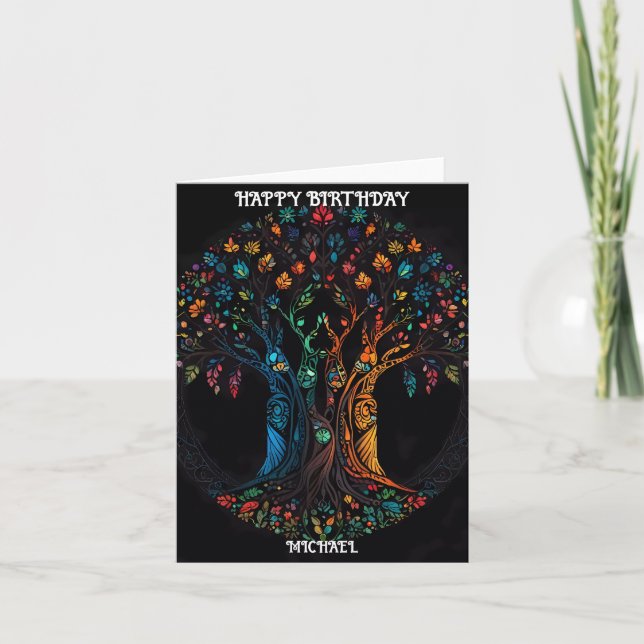 Carte d'anniversaire avec arbre en pleine couleur  (Devant)