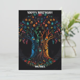 Carte d'anniversaire avec arbre en pleine couleur 