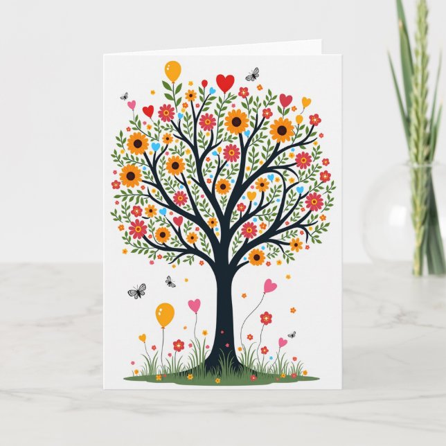 Carte d'anniversaire avec arbre et ballons (Devant)