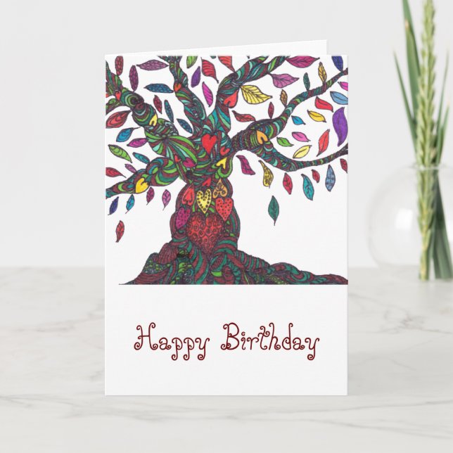 Carte d'anniversaire avec arbre et coeurs colorés (Devant)