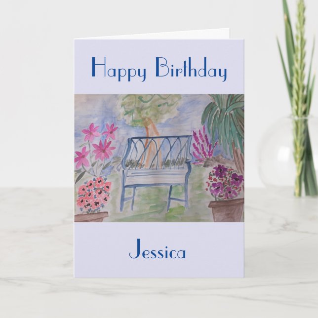 Carte d'anniversaire avec banc de jardin d'été (Devant)