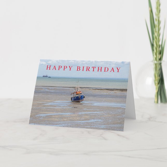 Carte d'anniversaire avec bateau bleu à marée bass (Devant)