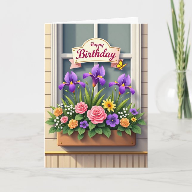 Carte d'anniversaire avec boîte à fleurs à la fenê (Devant)