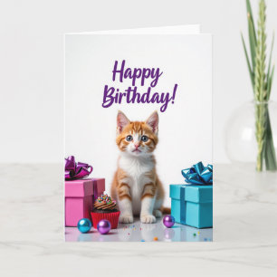 Carte d'anniversaire avec cadeaux pour chaton