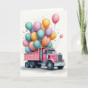 Carte d'anniversaire avec camion rose et ballons