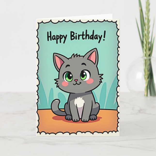 Carte d'anniversaire avec chat de dessin animé mig (Devant)