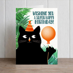 Carte d'anniversaire avec chat noir et ballon