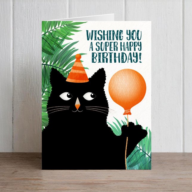 Carte d'anniversaire avec chat noir et ballon (Créateur téléchargé)