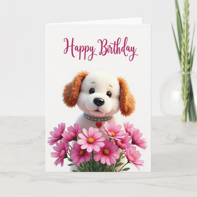 Carte d'anniversaire avec chien et fleurs (Devant)