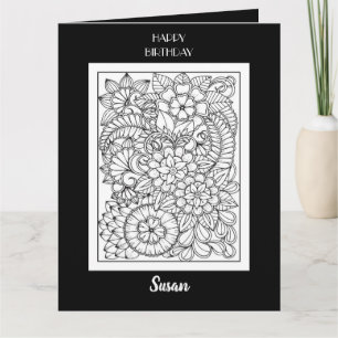 Carte d'anniversaire avec coloriage floral pour ad