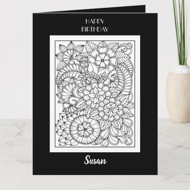 Carte d'anniversaire avec coloriage floral pour ad (Devant)