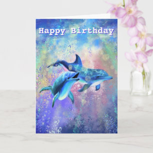 Carte d'anniversaire avec couple de dauphins heure