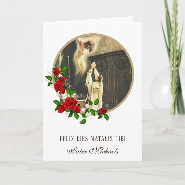 Carte d'anniversaire avec crucifix et roses en lat (Devant)