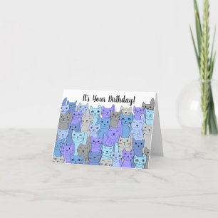 Carte d'anniversaire avec de nombreux chats bleus 