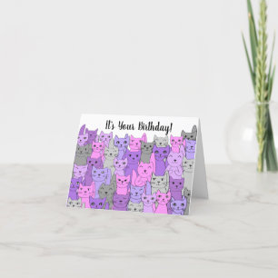 Carte d'anniversaire avec de nombreux chats violet