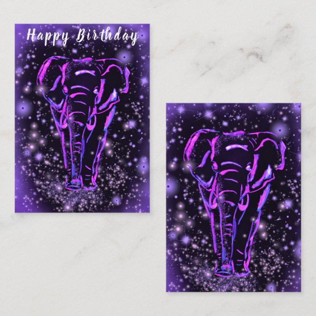 Carte d'anniversaire avec éléphant dans la nuit ét (Devant / Derrière)