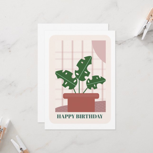 Carte d'anniversaire avec feuille de monstera vert (Devant/Arrière en situation)