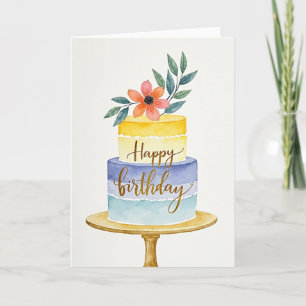Carte d'anniversaire avec gâteau floral aquarelle