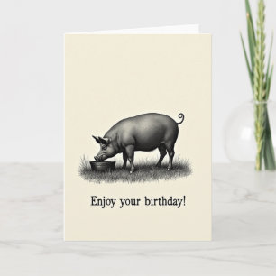 Carte d'anniversaire avec gravure de cochon rustiq