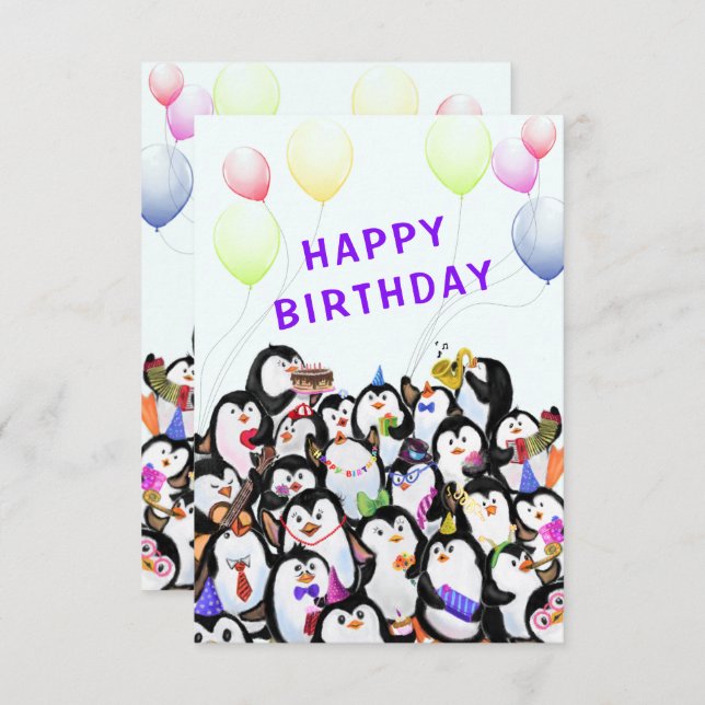 Carte d'anniversaire avec Happy Penguin Party (Devant / Derrière)