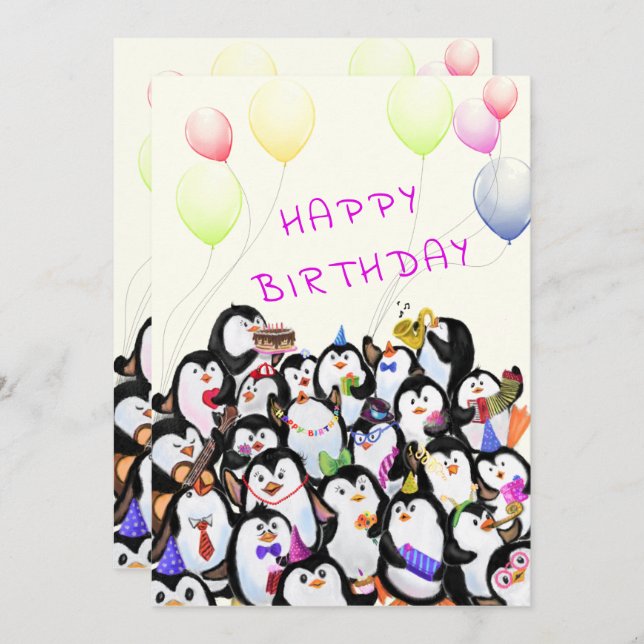 Carte d'anniversaire avec Happy Penguins Party (Devant / Derrière)