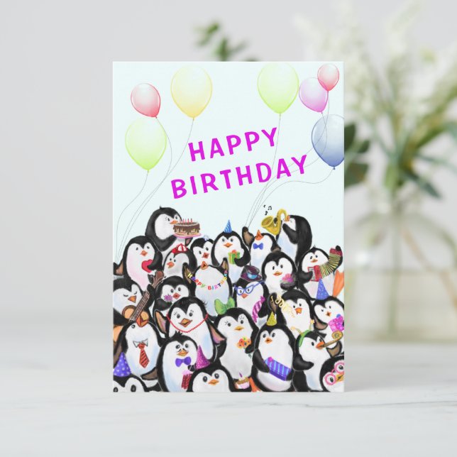 Carte d'anniversaire avec Happy Penguins Party (Debout devant)