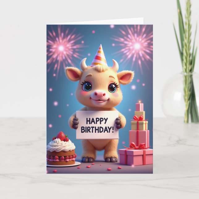 Carte d'anniversaire avec illustration de veau joy (Devant)