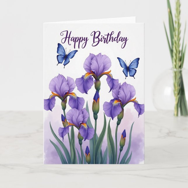 Carte d'anniversaire avec iris fleuris doux (Devant)