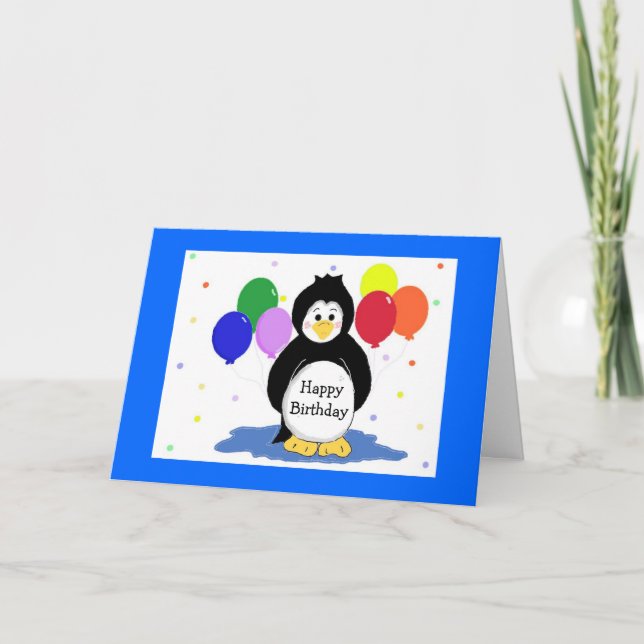 Carte d'anniversaire avec manchots et ballons (Devant)