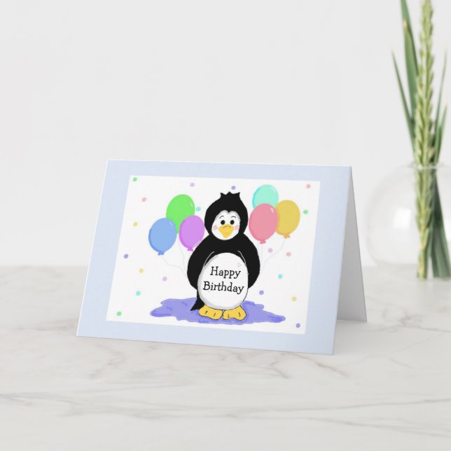 Carte d'anniversaire avec manchots et ballons (Devant)